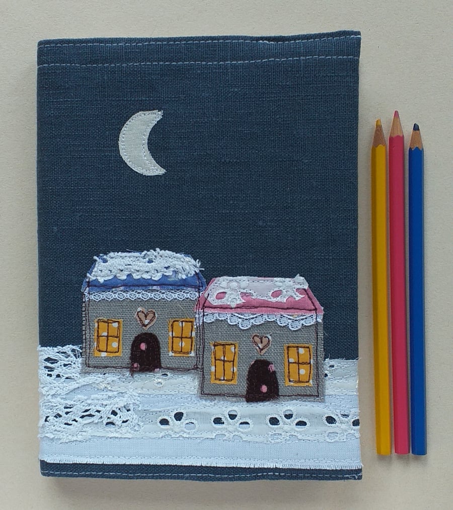 A5 Hardback Notebook with Embroidered Snowy Houses on a Removable Cover