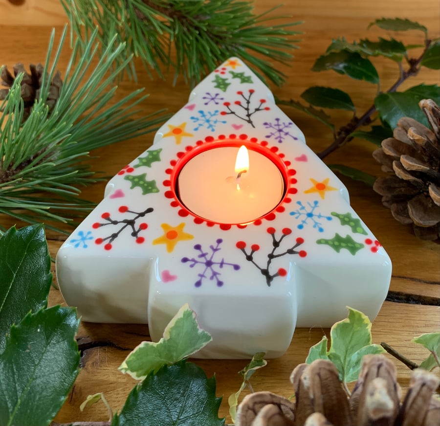 Ceramic Tree Shaped Tea light Holder, Hand Painted Pottery Christmas Candle