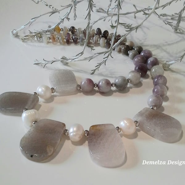 Agate, Rare Botswana Agate, & Freshwater Culture Pearl  Silver Plate Necklace
