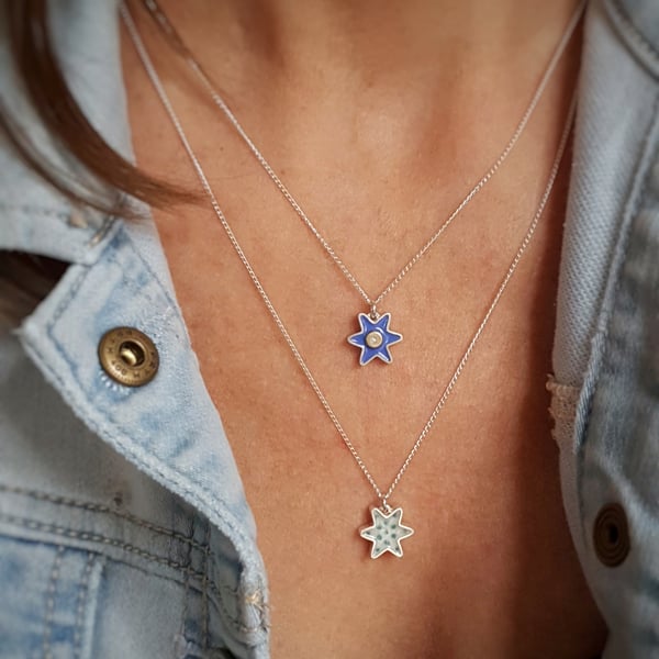 Little star hand enamelled silver necklace in white and blue