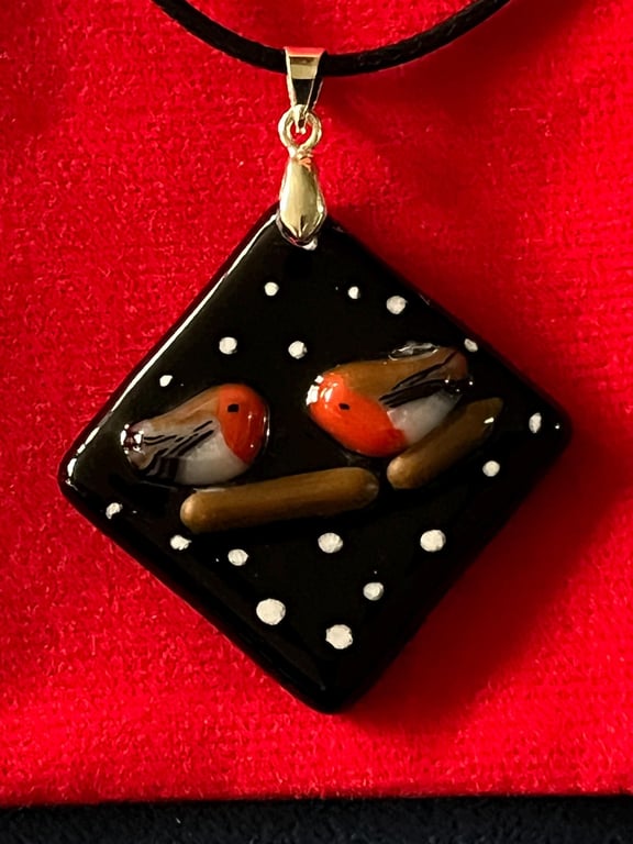 Unique Handcrafted Artisan Christmas Robins Pendant on Adjustable Black Necklace