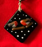 Unique Handcrafted Artisan Christmas Robins Pendant on Adjustable Black Necklace