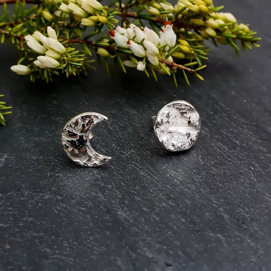 Moon Earrings - Full and Crescent Moons - Mismatched Studs - Recycled Silver