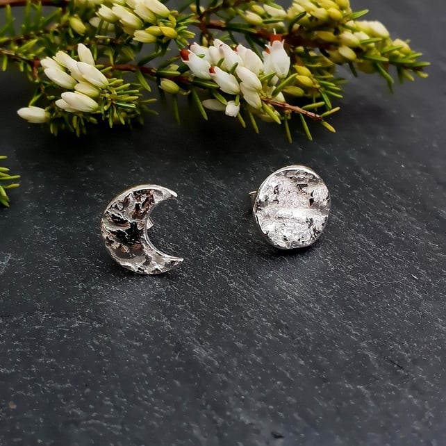 Moon Earrings - Full and Crescent Moons - Mismatched Studs - Recycled Silver
