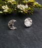 Moon Earrings - Full and Crescent Moons - Mismatched Studs - Recycled Silver