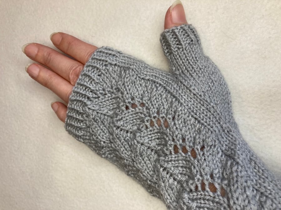 Hand Knitted Fingerless Mittens Gloves in a soft mid grey yarn