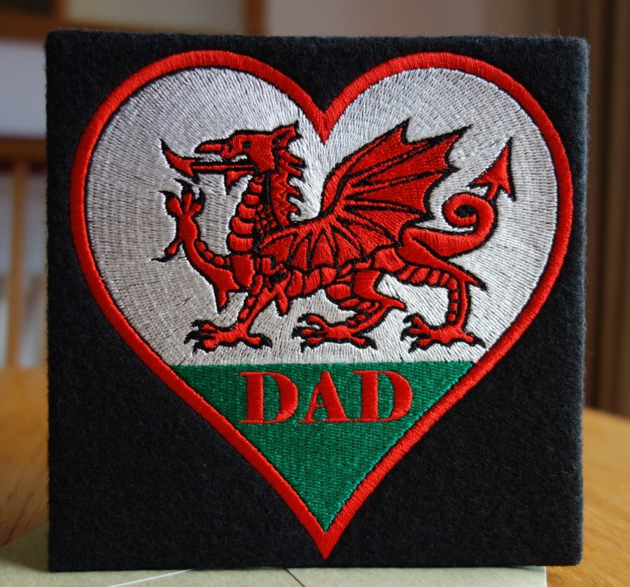 Welsh Dragon Heart card - Dad embroidered 