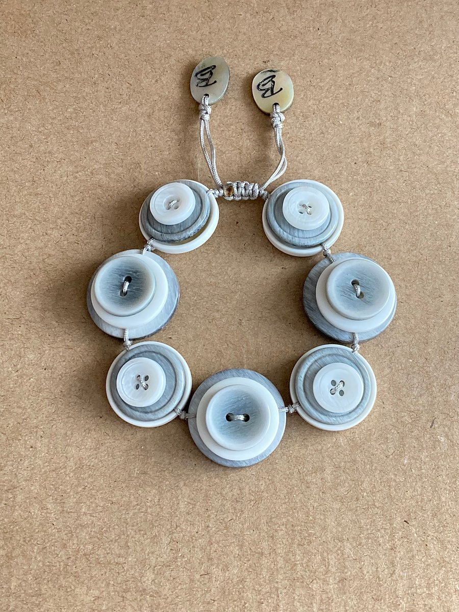 Light Ash Grey Tones Colour Theme - Vintage Button Adjustable Handmade Bracelet 