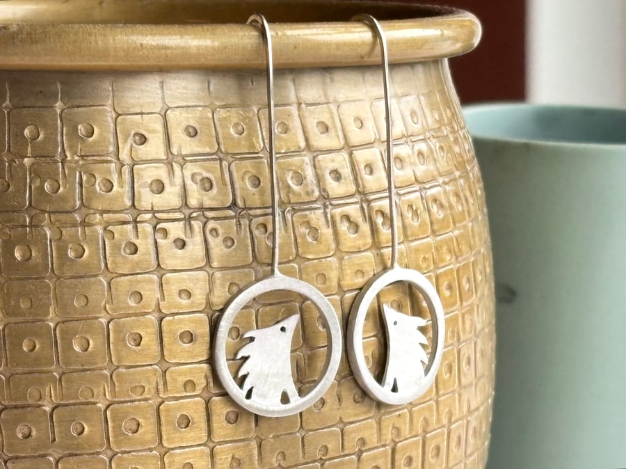 Silver hedgehog drop earrings