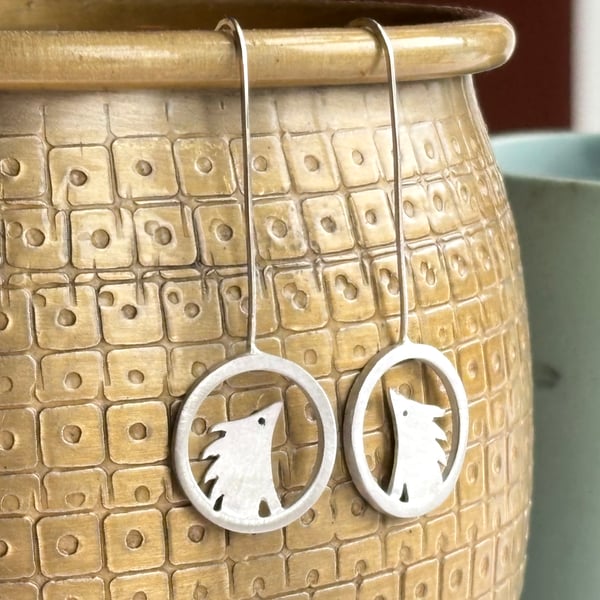 Silver hedgehog drop earrings
