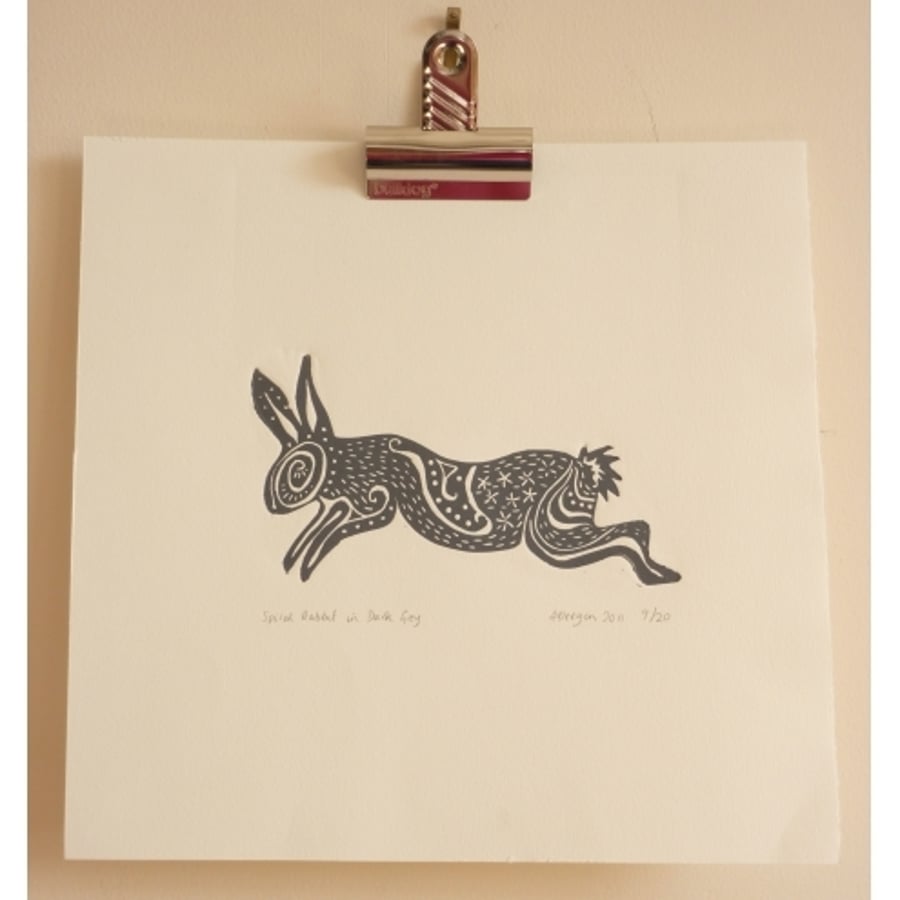 ORIGINAL lino cut print "Spiral Rabbit in Dark Grey"