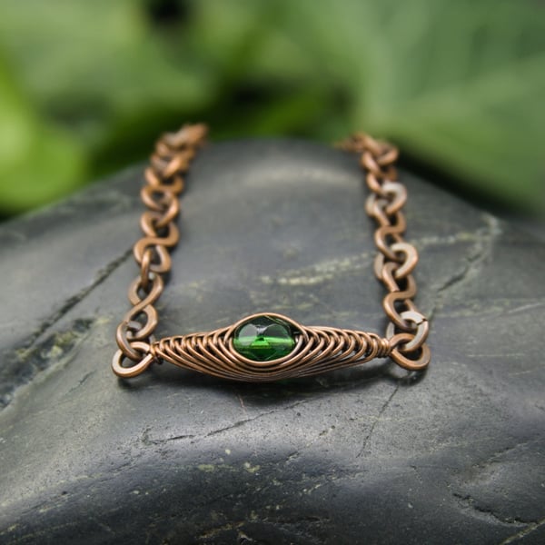 Copper Chain Link Bracelet with Herringbone Wire Weave - Green