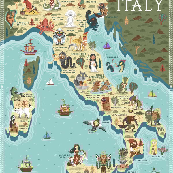 Mythical Beasts of Italy - illustrated map - Bestie Mitiche d'Italia - A3 Art pr