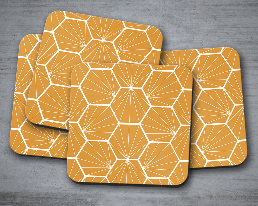 Set of 4 Butterscotch Coasters with a White Hexagon Geometric Design, Drinks Mat
