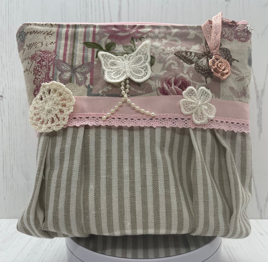 Butterfly, French Print and  Stripe Linen Make Up Bag PB8