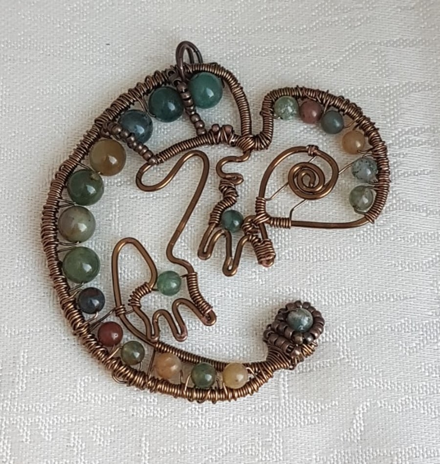 Gorgeous Wire wrapped beaded Chameleon pendant on chain