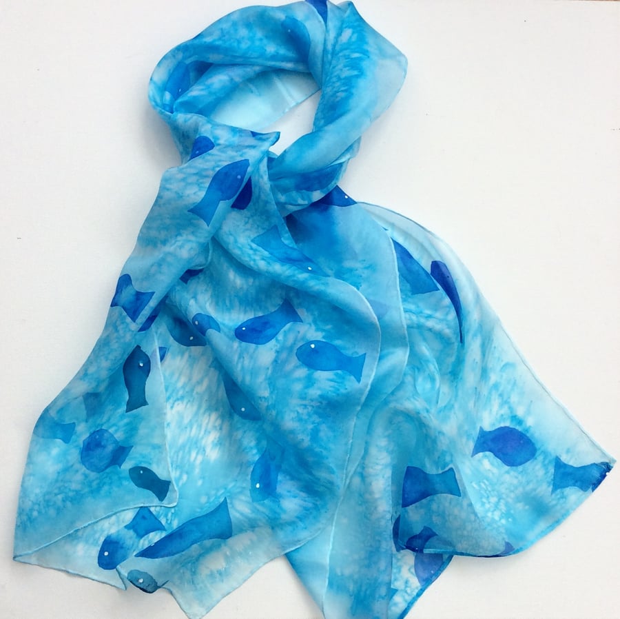 Turquoise fish Hand Painted silk scarf