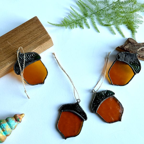 Stained glass acorn hanging decoration, Christmas tree decoration , Secret Santa