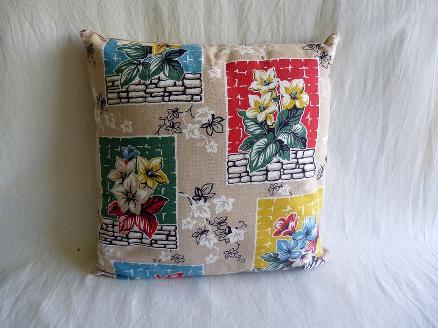 1950s vintage floral barkcloth cushion cover