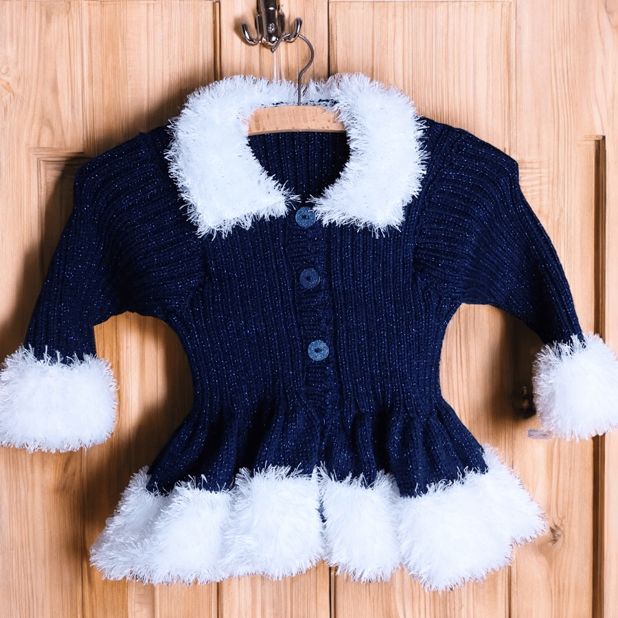Girls' Hand-Knitted Sparkly Blue Cardigan with Fluffy Trim, Peplum Winter Outfit