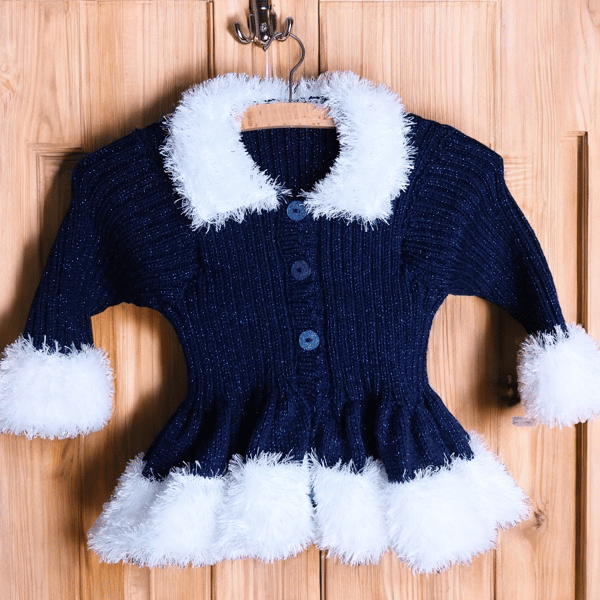 Girls' Hand-Knitted Sparkly Blue Cardigan with Fluffy Trim, Peplum Winter Outfit