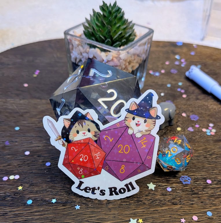 Holographic cute Cat D20 Stickers - TTRPG, DND Vinyl Dice Decals set