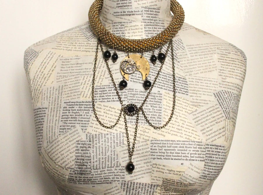 Steampunk Vintage Watch Part Beads Statement Choker Necklace