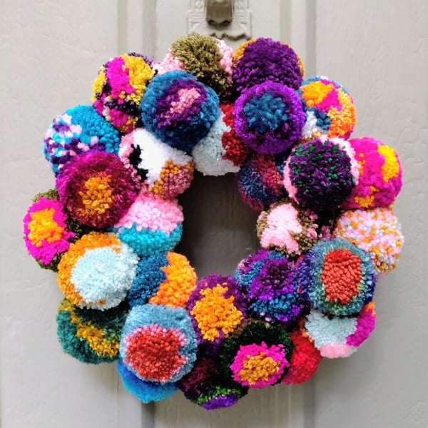 Wool Pompom Wreath, Mixed Colours, Eclectic Bohemian Interiors, Maximalism.
