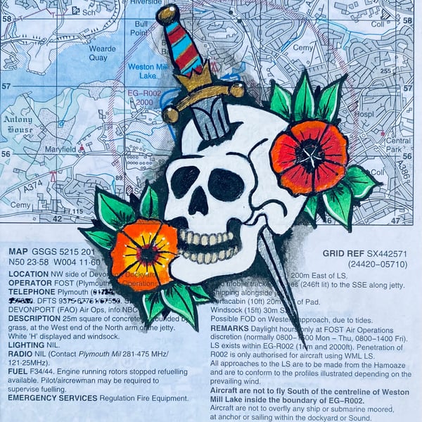 Skull and dagger painting on a map of Plymouth