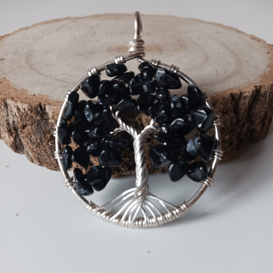 Handcrafted Tree Of Life Necklace with Black Onyx on Silver Wire