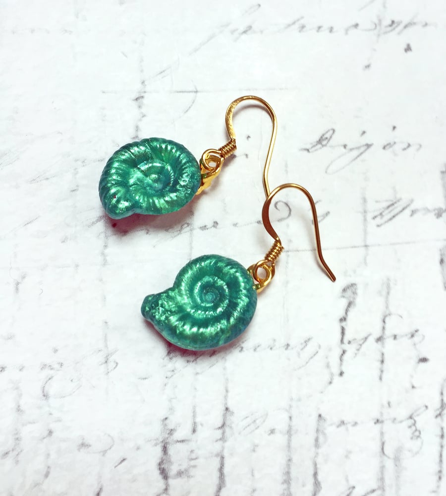 Pale Jade Ammonite dangle earrings gold plated findings fossil lover