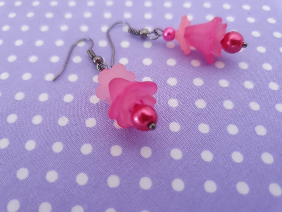 Pink Flower and Gunmetal Drop Earrings 