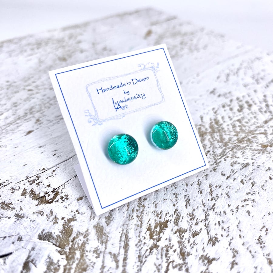 Green Glass and Silver Stud Earrings