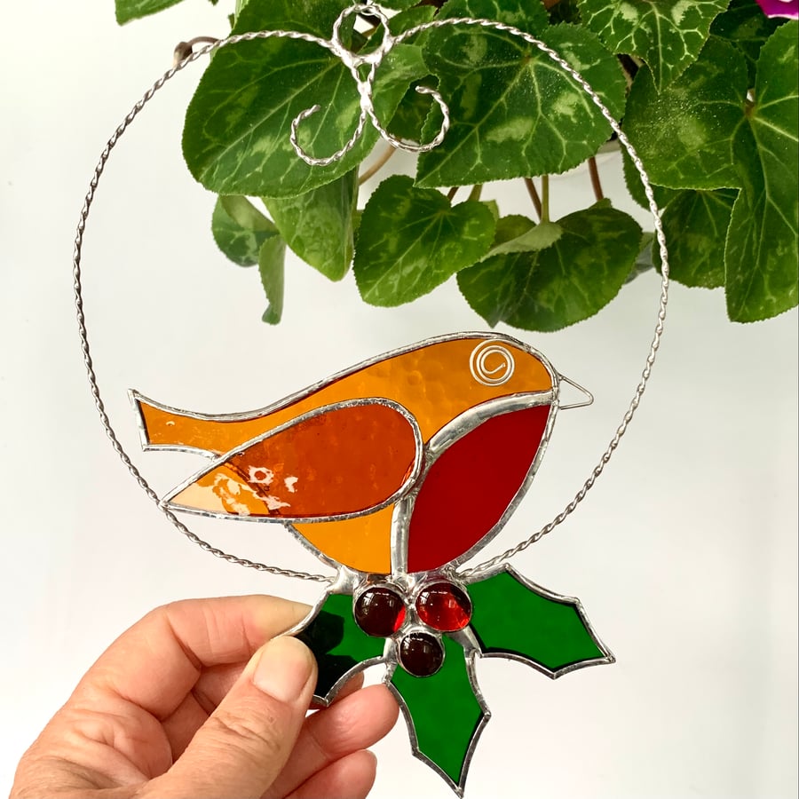 Stained Glass Robin and Holly Suncatcher - Handmade Window Decoration