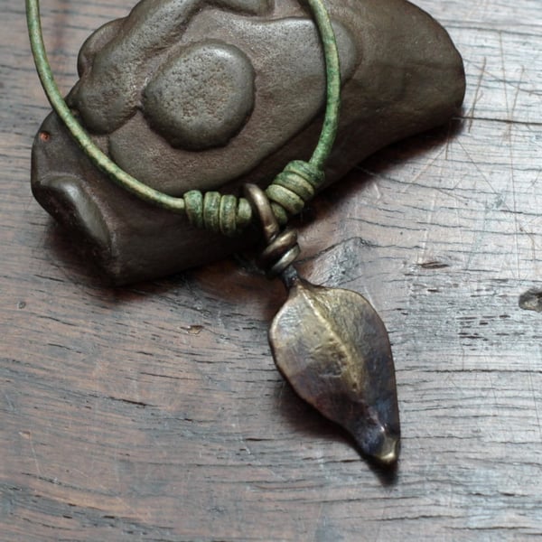 Iron Leaf Pendant, Small hand forged pure iron pendant on a leather necklace