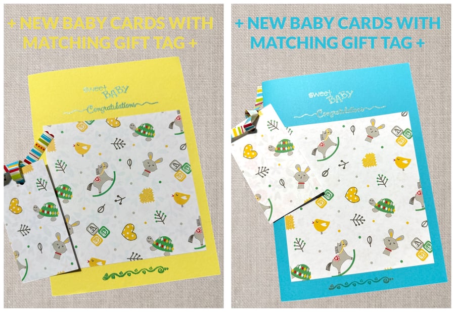 Large New baby cards with matching gift tags, 2 colour ways. 