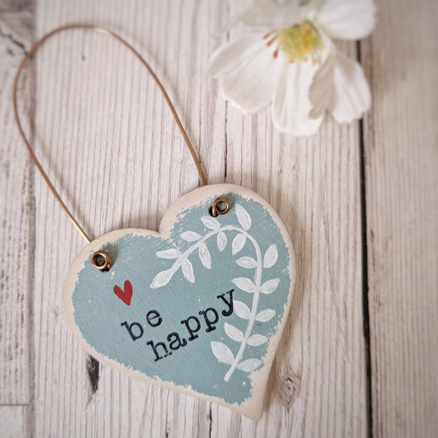 Hand Painted Wooden Heart Hanging Decoration 'Be Happy'