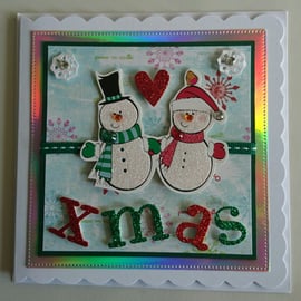 Christmas Card Cute Xmas Snowman and Snowlady Couple 3D Luxury Handmade Card