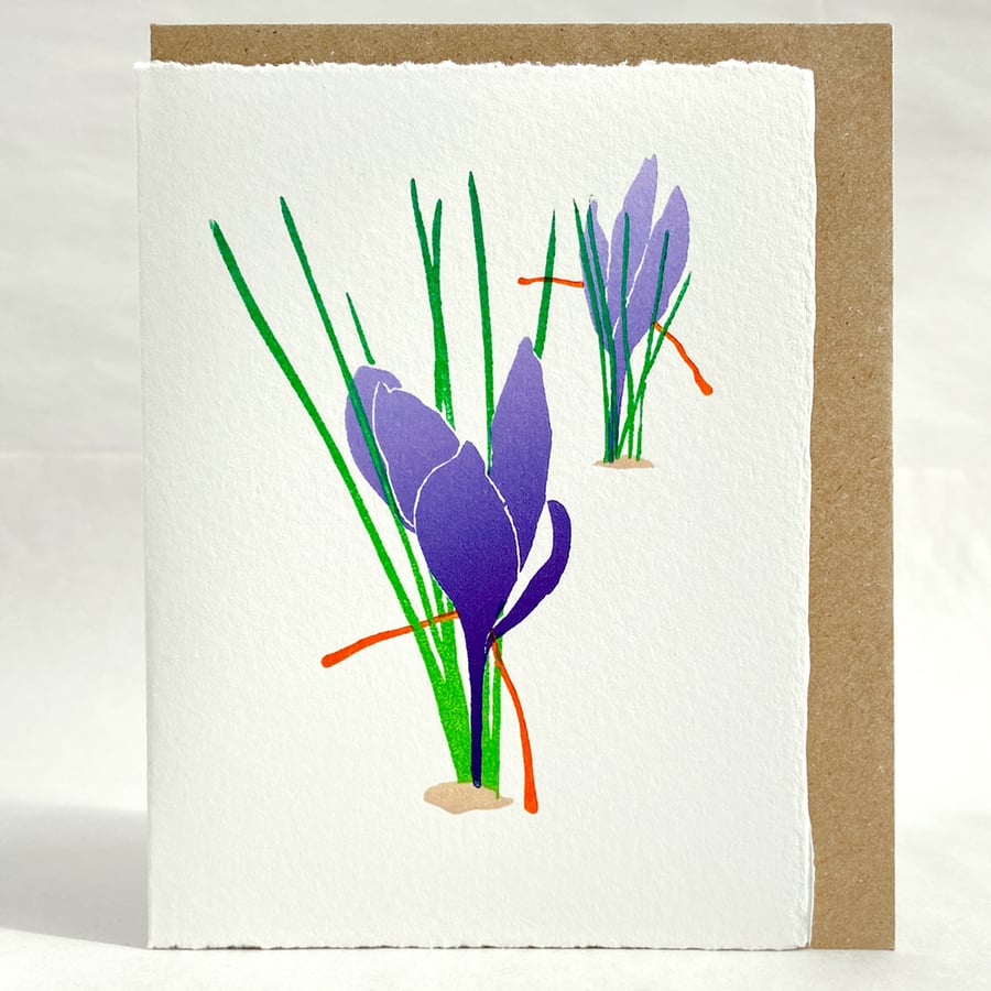 Cornish Saffron Crocus - Original LinoCut Hand Printed card