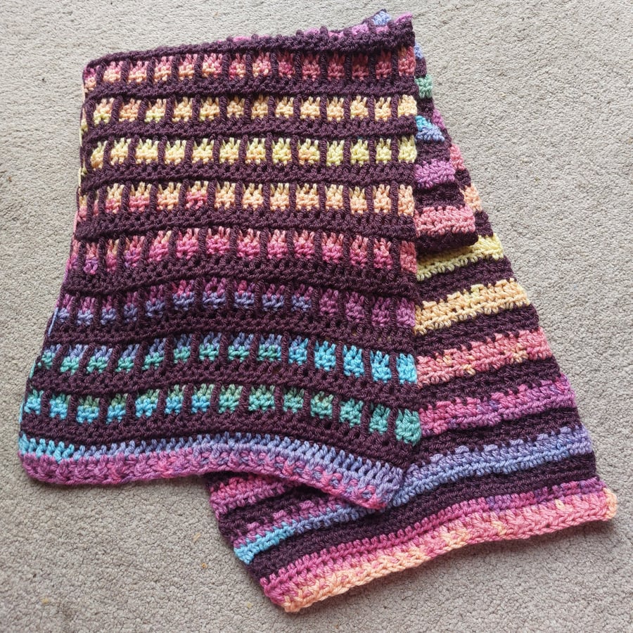 The Cathedral Window crochet brown and rainbow Scarf  