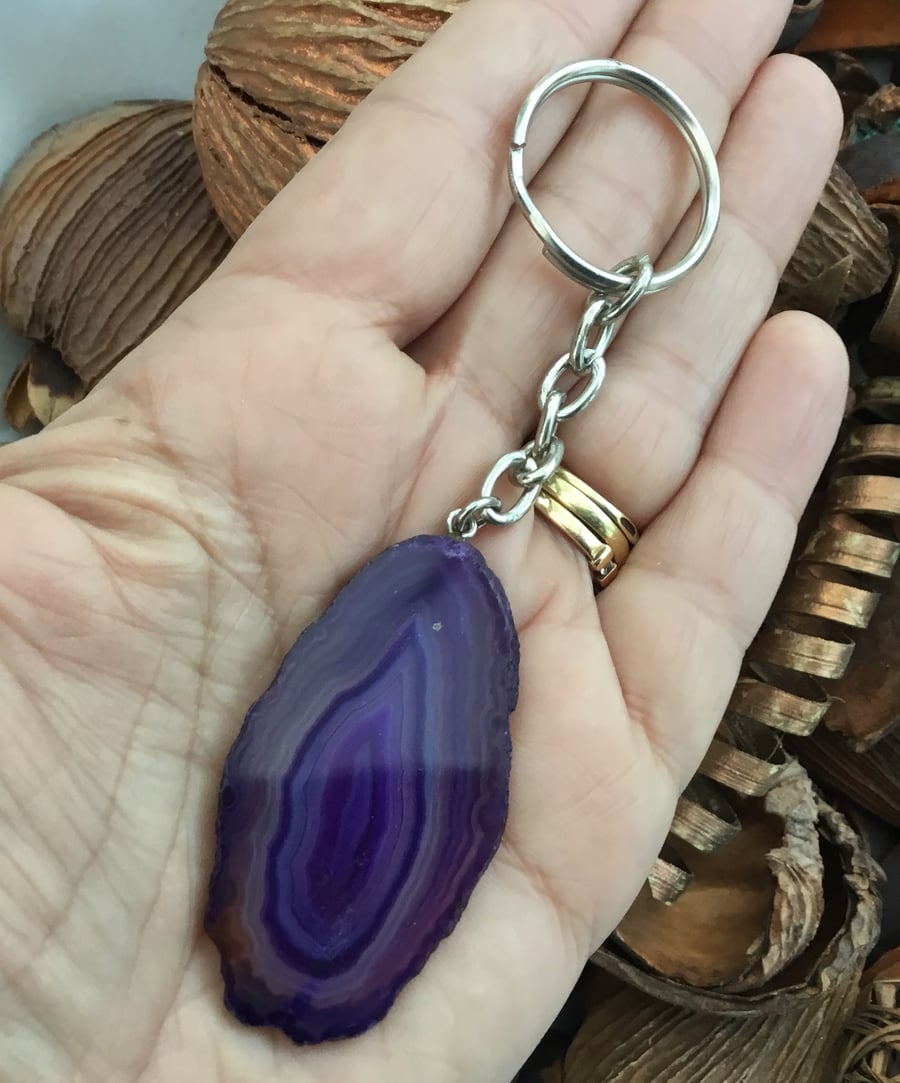 Sale!  Concentric Purple!  Dyed Agate Geode Slice Keyring or Handbag Charm.