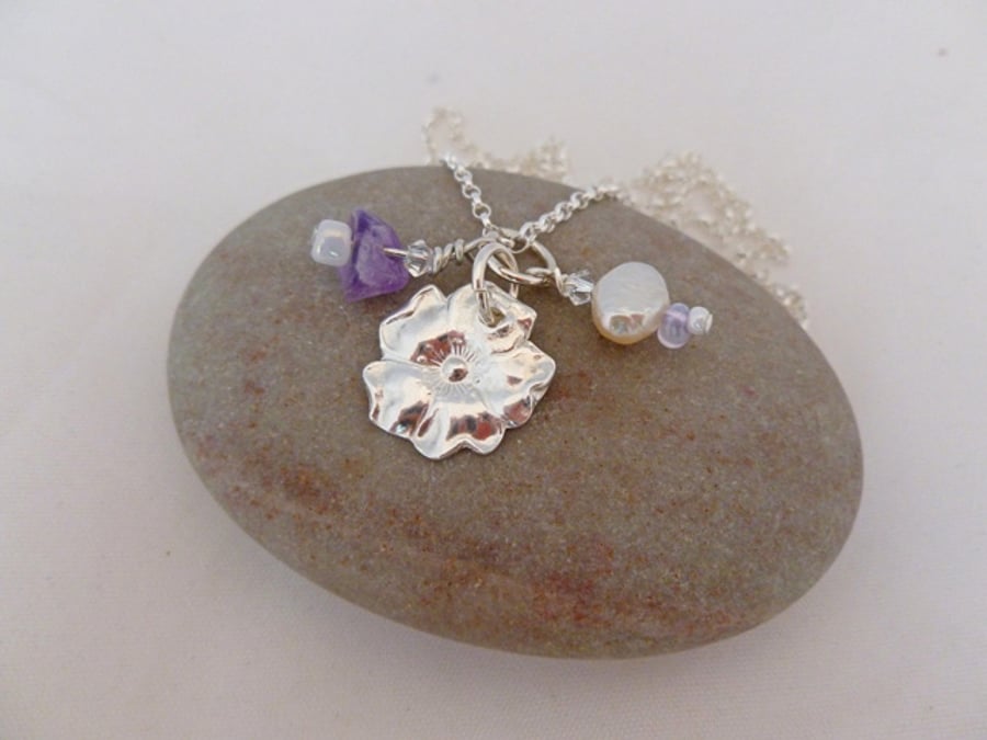 Fine Silver Rose Pendant With Amethyst, Crystal & Pearl, Mother's Day gift