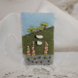 Embroidered Brooch - Summer Landscape sheep and foxgloves
