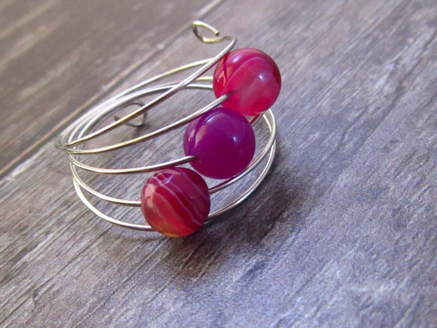 Pink Agate Silver Memory Wire Ring, Pink Ring