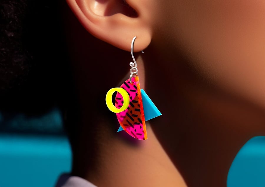 Bright and Joyful 90s Memphis-Style Earrings in Pink & Teal Geometric Patterns