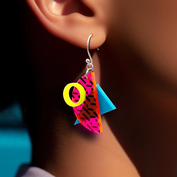 Bright and Joyful 90s Memphis-Style Earrings in Pink & Teal Geometric Patterns