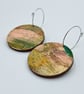 Hooped hand printed wooden dangly earrings in subtle muted colours - Image 6