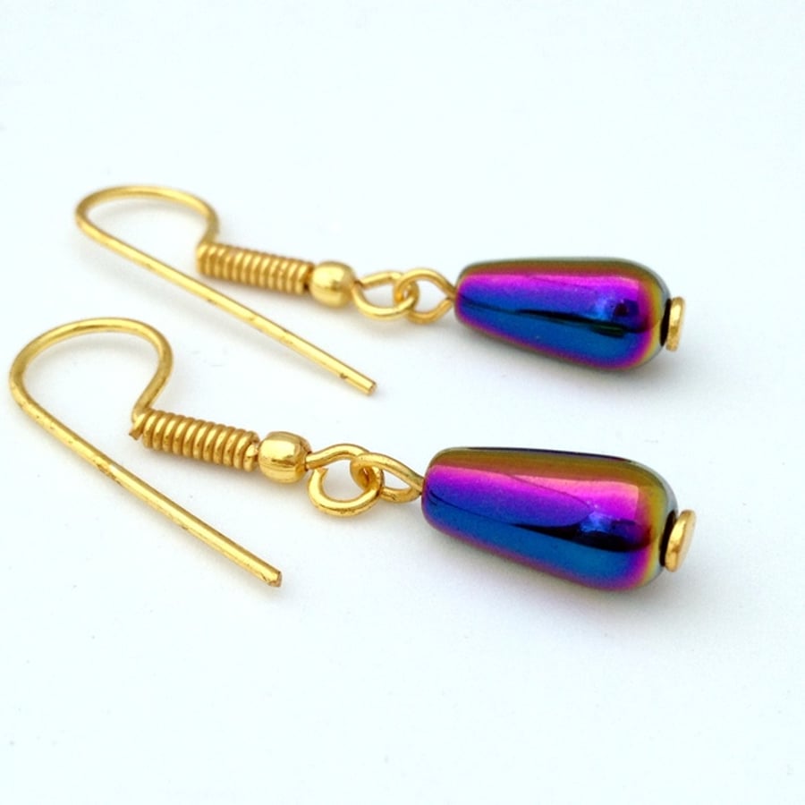 Rainbow Colour Coated Haematite Drop Earrings