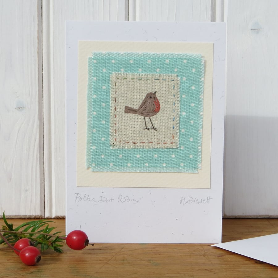 Polka Dot Robin hand-stitched card for Christmas - detailed miniature, keepsake