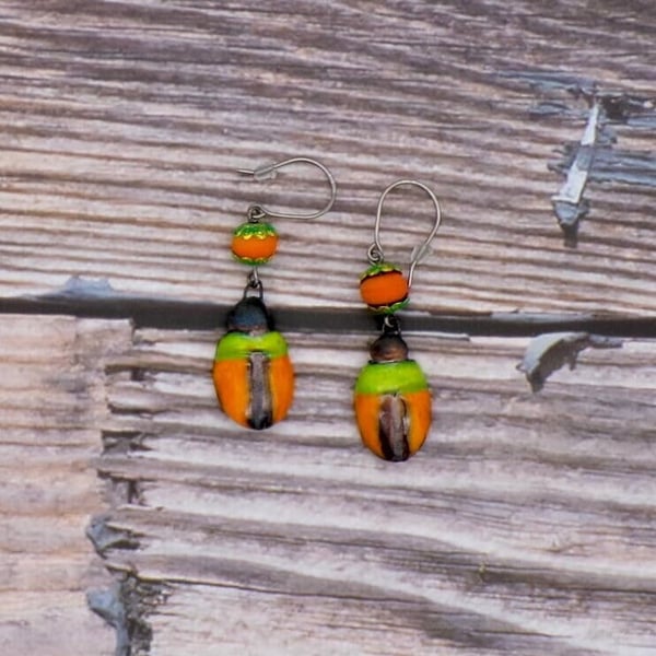 Ceramic Scarab Dangle Earrings Green & Gold, Titanium Ear Wires